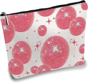 CREATCABIN Disco Ball Makeup Bags for Purse Multi-Function Pink Ball Cosmetic Bag Zipper Toiletry Travel Washing Bag Make Up Organizer Tool Pouch Storage Bags for Women Dance Lovers Gifts 10x7Inch