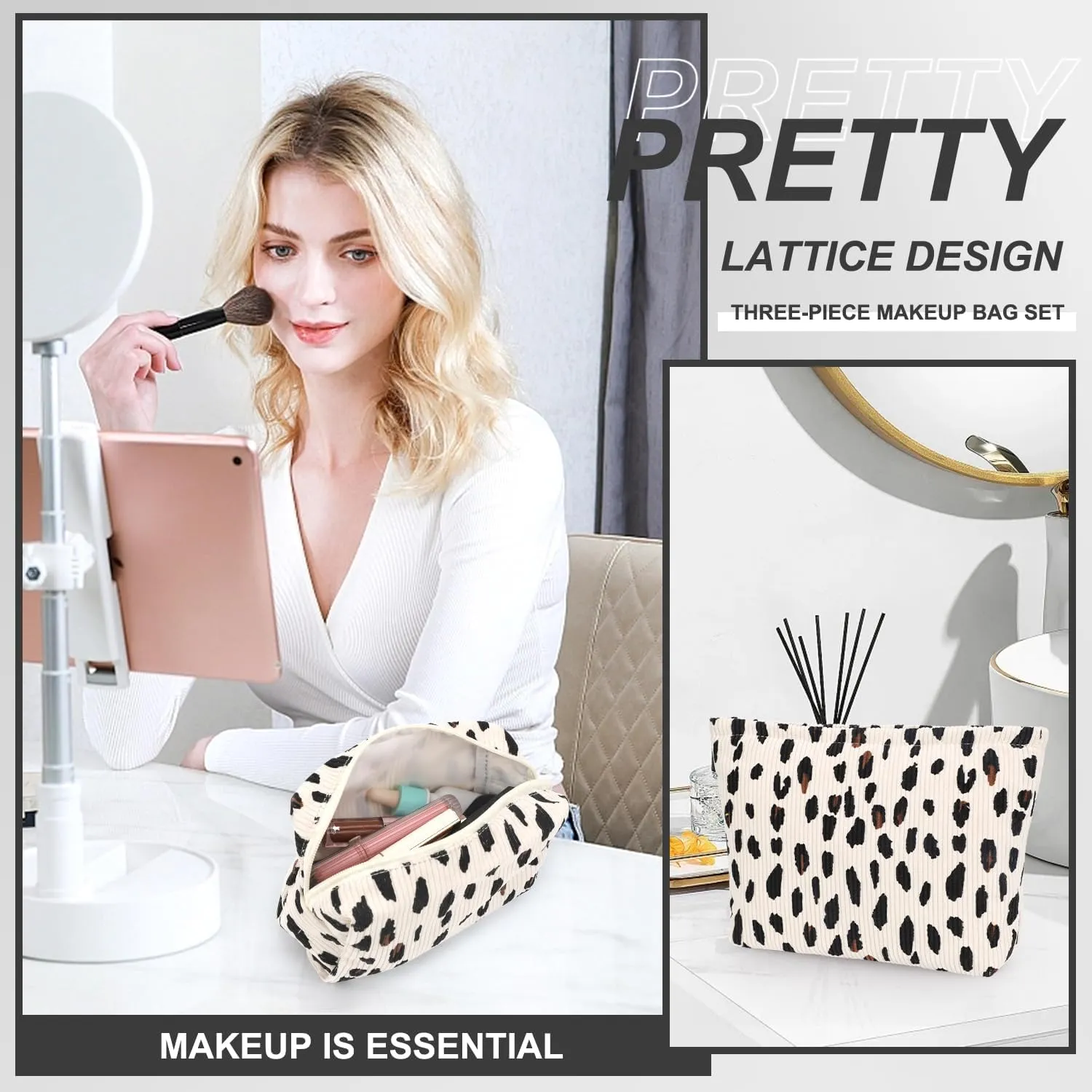 EIMMBD Makeup Bag 3 Pieces Large Capacity Cosmetic Bags Makeup Pouch for Purse Travel Toiletry Bag Organizer Cute Makeup Pouch Storage for Women(Beige Leopard)