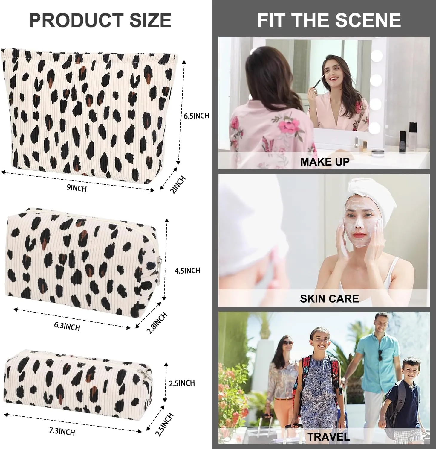EIMMBD Makeup Bag 3 Pieces Large Capacity Cosmetic Bags Makeup Pouch for Purse Travel Toiletry Bag Organizer Cute Makeup Pouch Storage for Women(Beige Leopard)