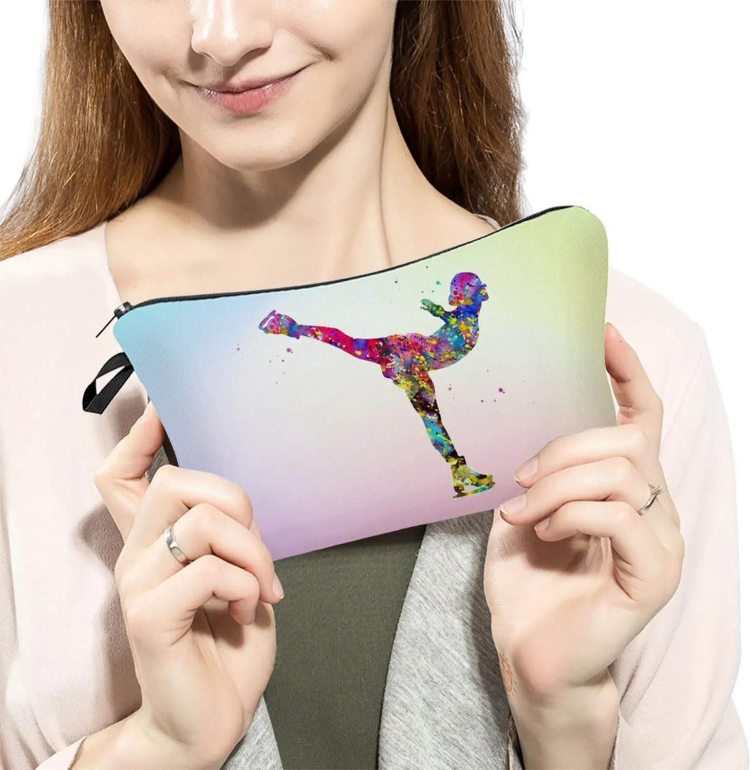 Figure Skating Makeup Bag - Cute Small Organizer Travel Toiletry Zipper Pouch - Present for Skaters, Coach, Women