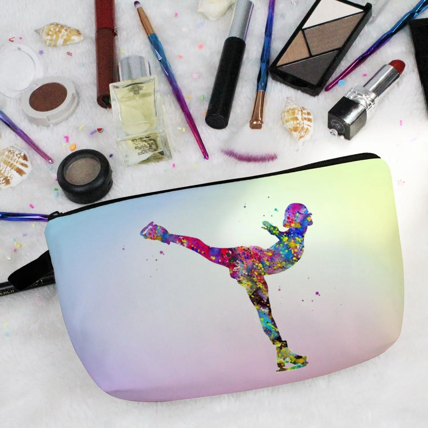 Figure Skating Makeup Bag - Cute Small Organizer Travel Toiletry Zipper Pouch - Present for Skaters, Coach, Women