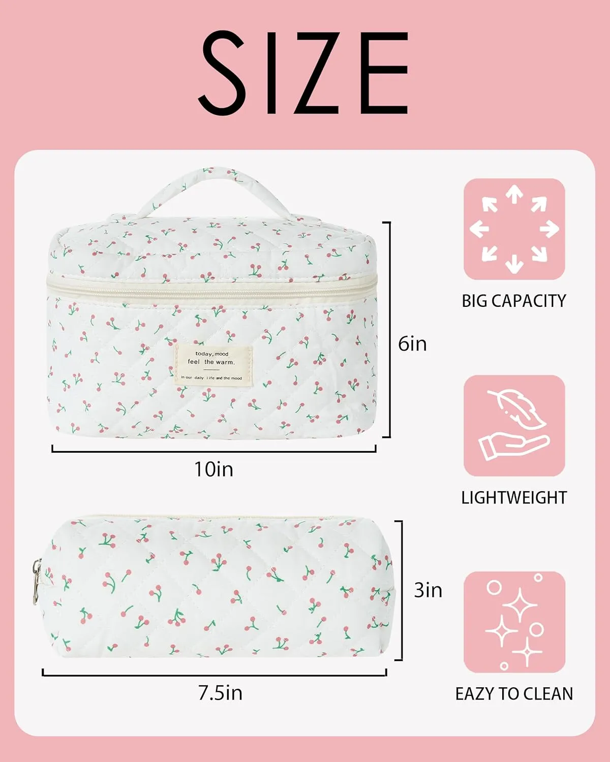 Floral Makeup Bag, Cotton Quilted Cosmetic Makeup Bag Organizer, Large Travel Cosmetic Bag, Cotton Makeup Pouch, Cute Flower Toiletry Bag for Women Girls