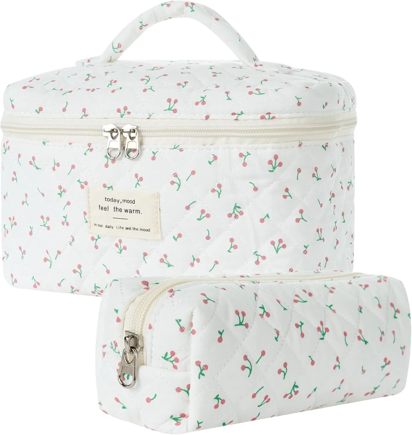 Floral Makeup Bag, Cotton Quilted Cosmetic Makeup Bag Organizer, Large Travel Cosmetic Bag, Cotton Makeup Pouch, Cute Flower Toiletry Bag for Women Girls