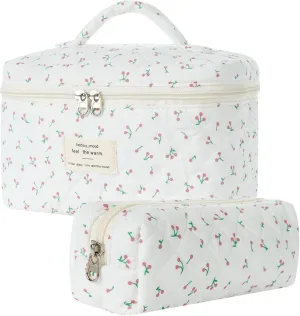 Floral Makeup Bag, Cotton Quilted Cosmetic Makeup Bag Organizer, Large Travel Cosmetic Bag, Cotton Makeup Pouch, Cute Flower Toiletry Bag for Women Girls