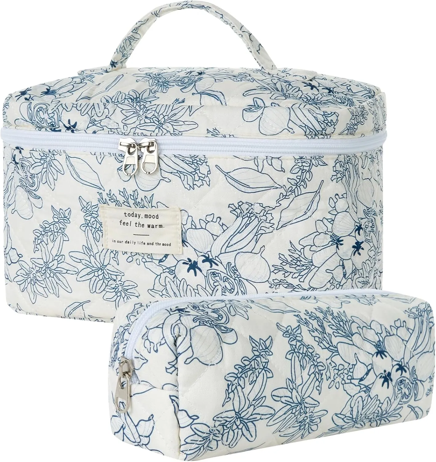 Floral Quilted Makeup Bag Set, 2pcs (Large & Small), Multicolored Floral, Cosmetic Bag, Travel Toiletry Bag