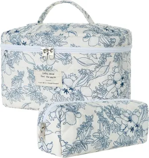 Floral Quilted Makeup Bag Set, 2pcs (Large & Small), Multicolored Floral, Cosmetic Bag, Travel Toiletry Bag