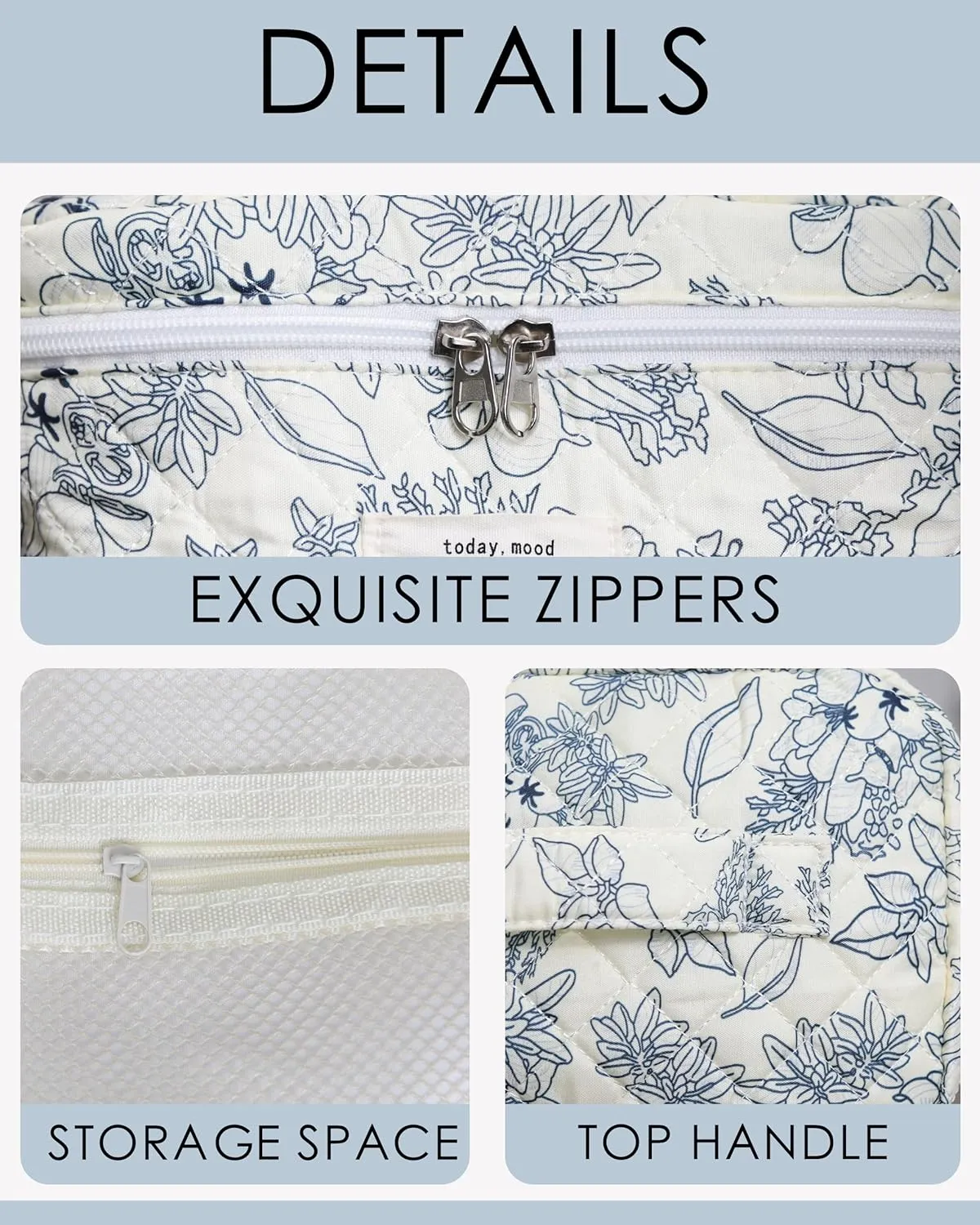 Floral Quilted Makeup Bag Set, 2pcs (Large & Small), Multicolored Floral, Cosmetic Bag, Travel Toiletry Bag