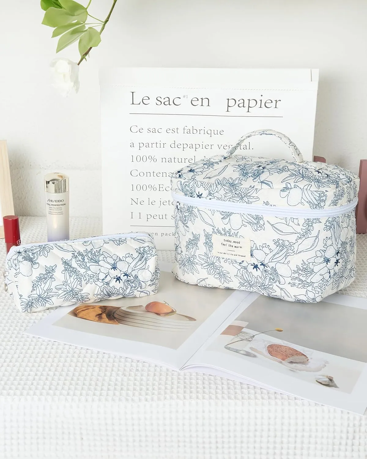 Floral Quilted Makeup Bag Set, 2pcs (Large & Small), Multicolored Floral, Cosmetic Bag, Travel Toiletry Bag