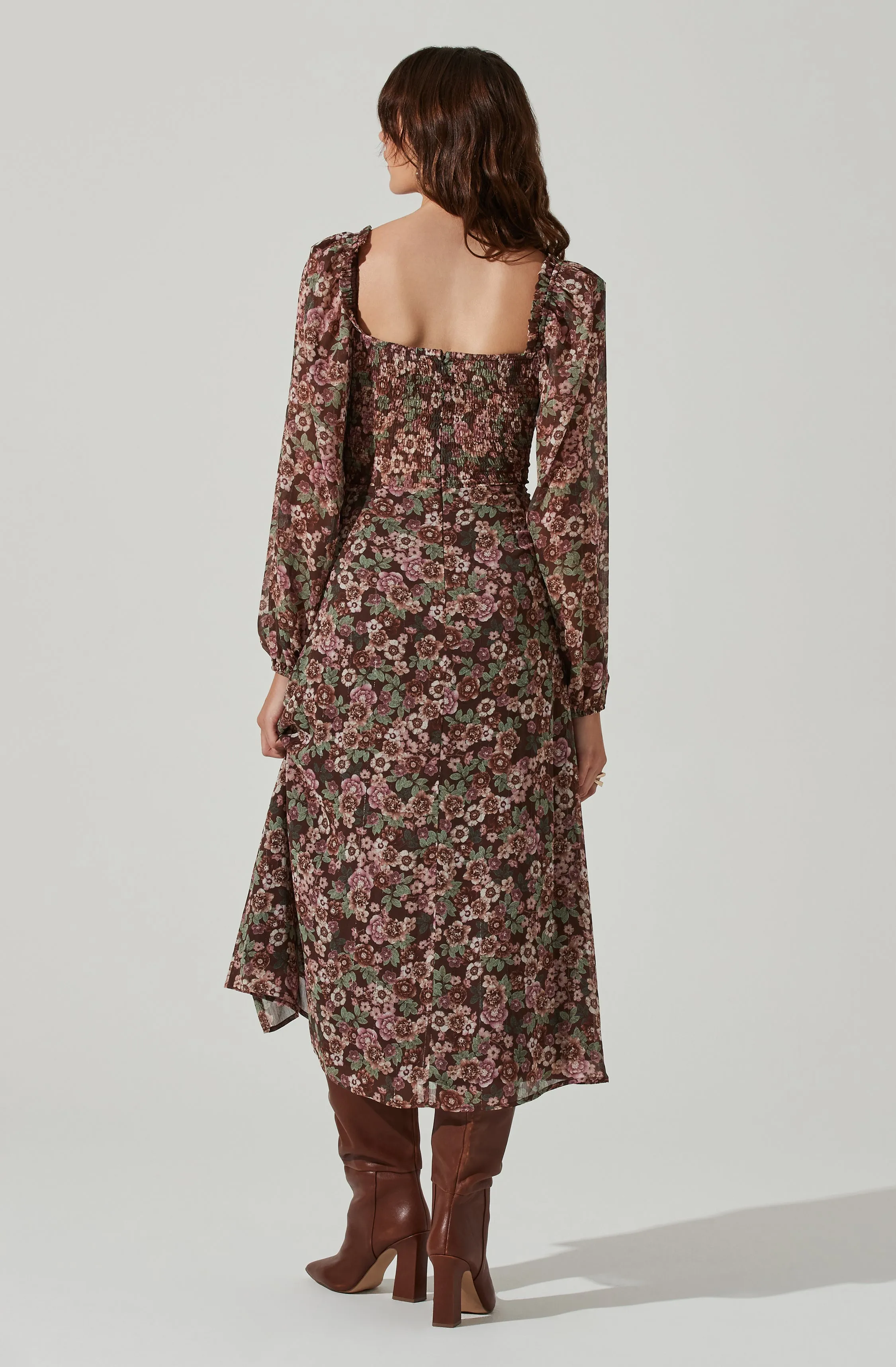 Floral V Front Long Sleeve Midi Dress