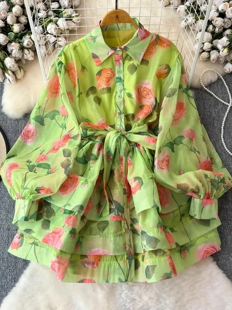 Flower Ruffles Mini Dress Women Lantern Sleeve Floral Print Lace Up Belt Summer Dress