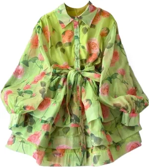 Flower Ruffles Mini Dress Women Lantern Sleeve Floral Print Lace Up Belt Summer Dress