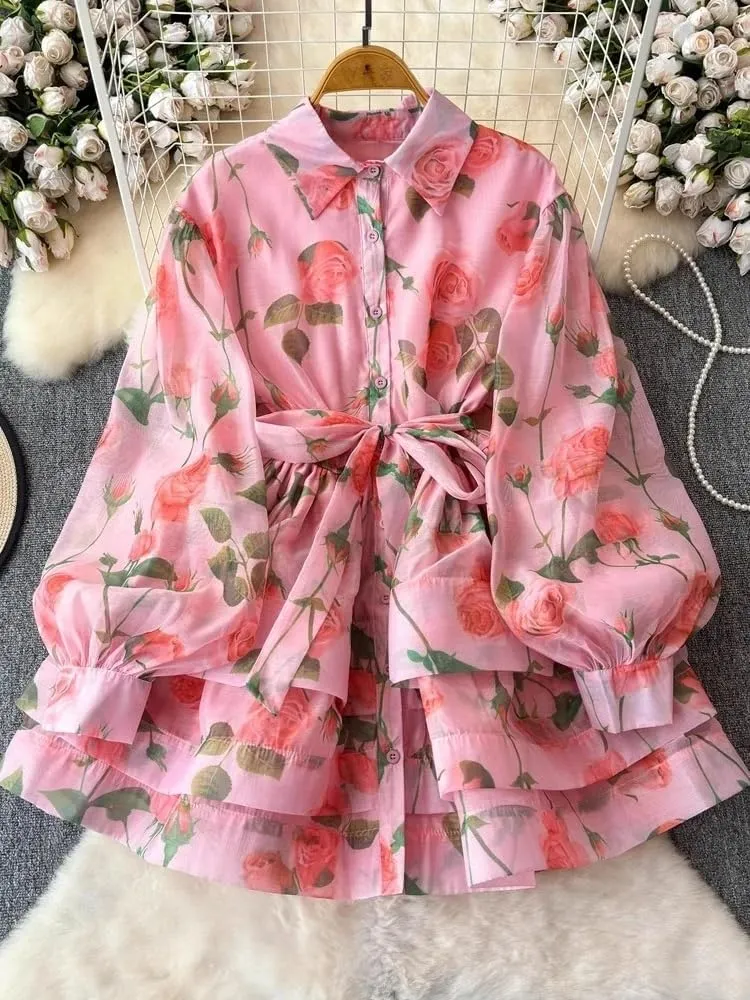 Flower Ruffles Mini Dress Women Lantern Sleeve Floral Print Lace Up Belt Summer Dress