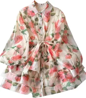 Flower Ruffles Mini Dress Women Lantern Sleeve Floral Print Lace Up Belt Summer Dress