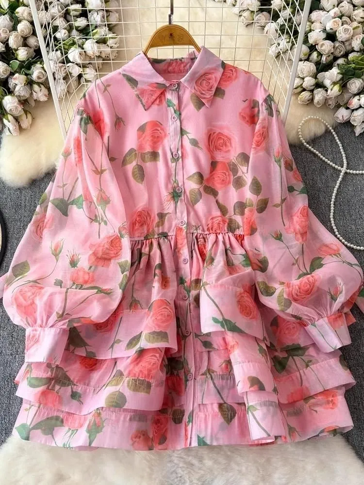 Flower Ruffles Mini Dress Women Lantern Sleeve Floral Print Lace Up Belt Summer Dress