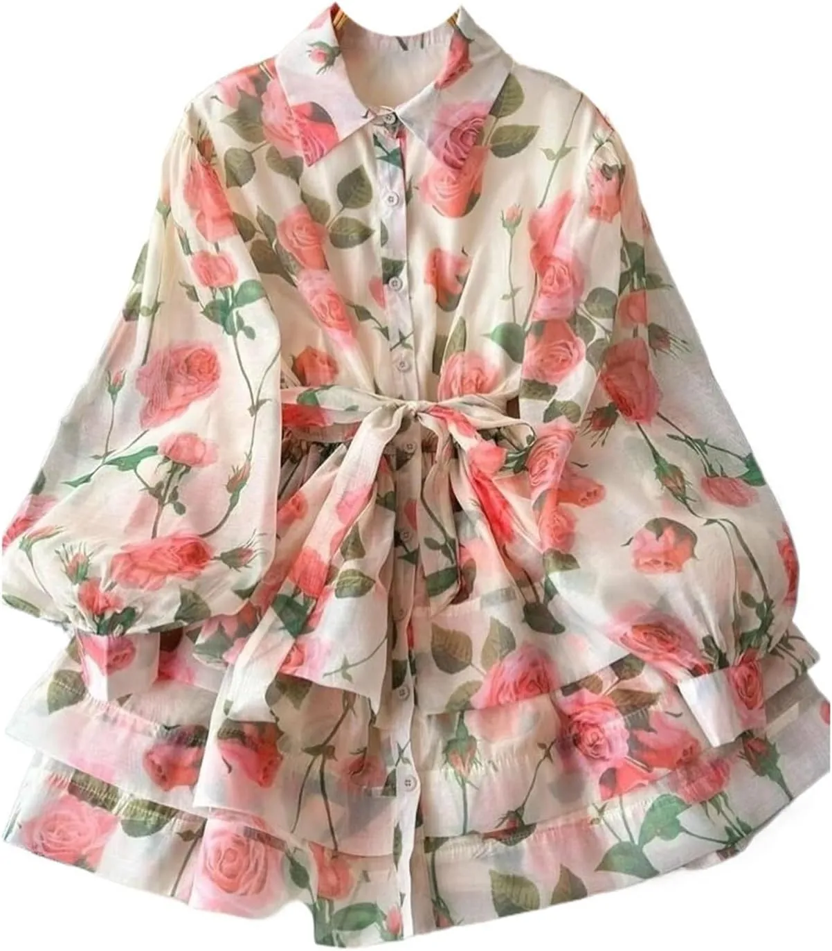 Flower Ruffles Mini Dress Women Lantern Sleeve Floral Print Lace Up Belt Summer Dress