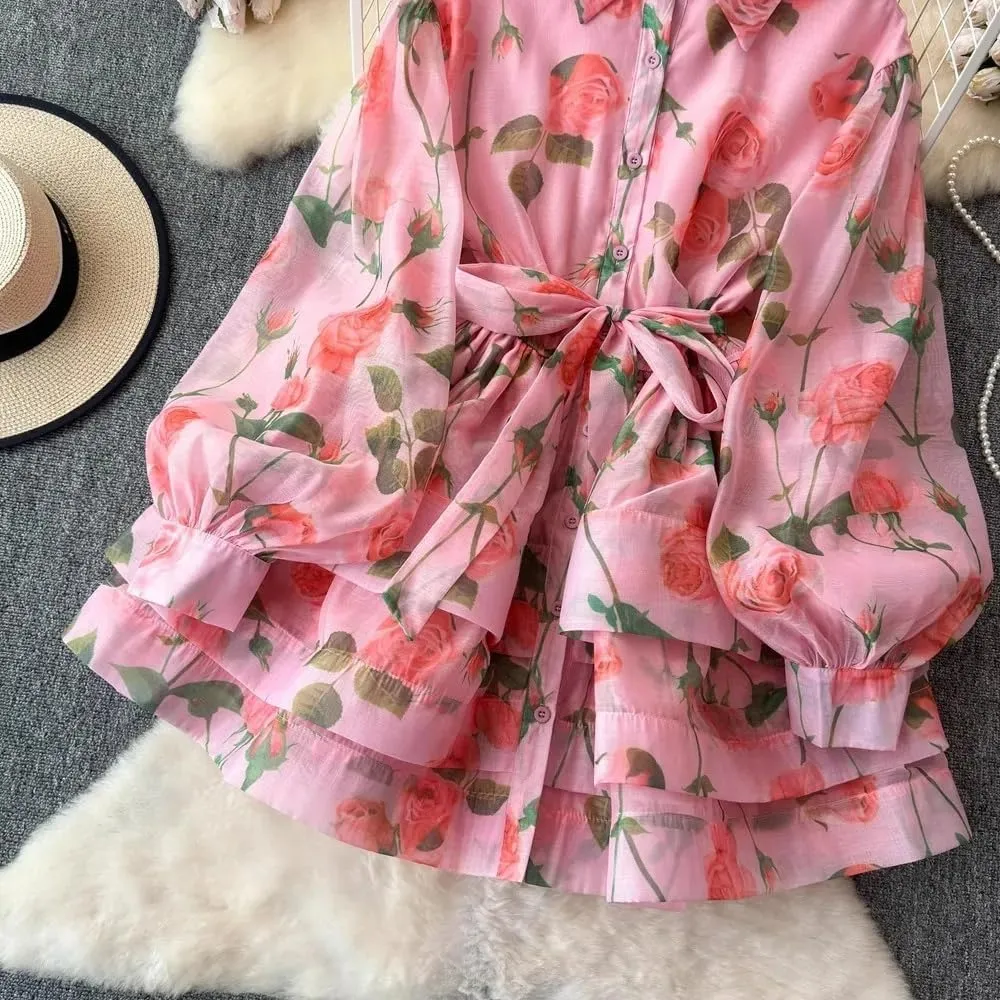Flower Ruffles Mini Dress Women Lantern Sleeve Floral Print Lace Up Belt Summer Dress