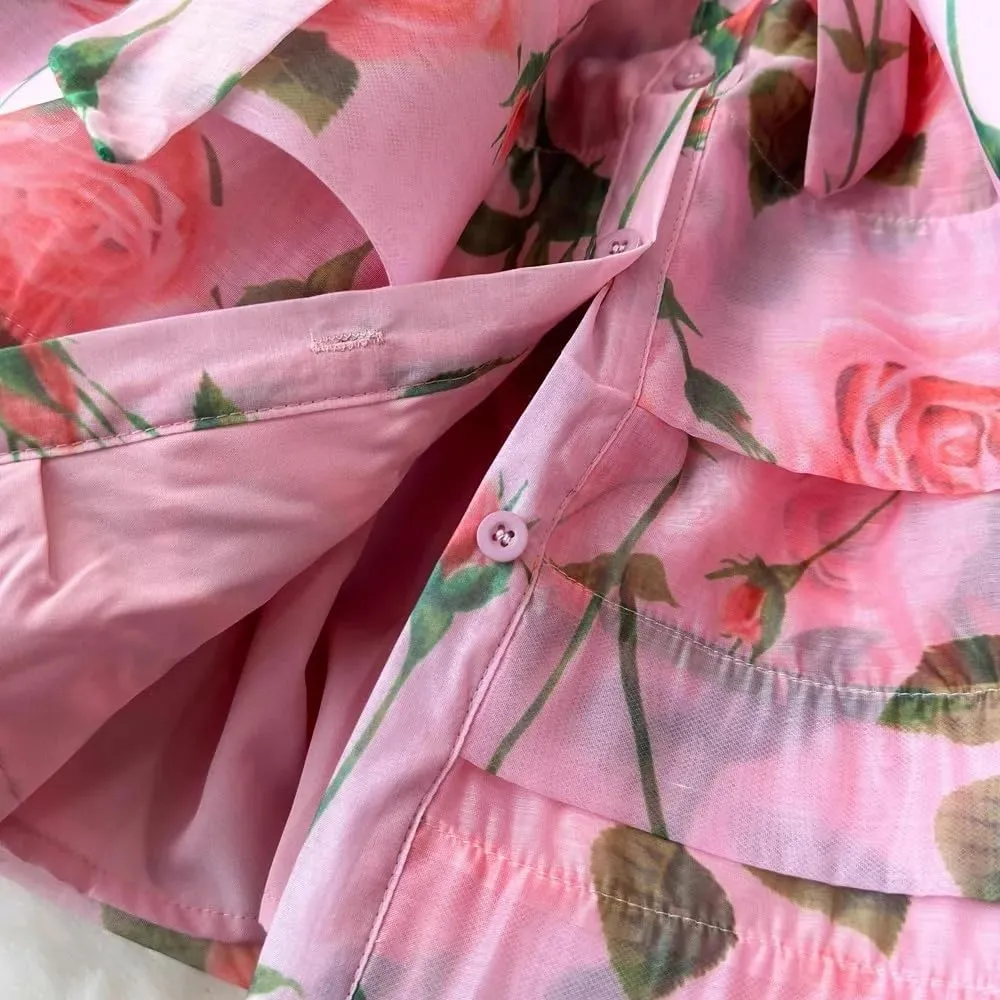 Flower Ruffles Mini Dress Women Lantern Sleeve Floral Print Lace Up Belt Summer Dress