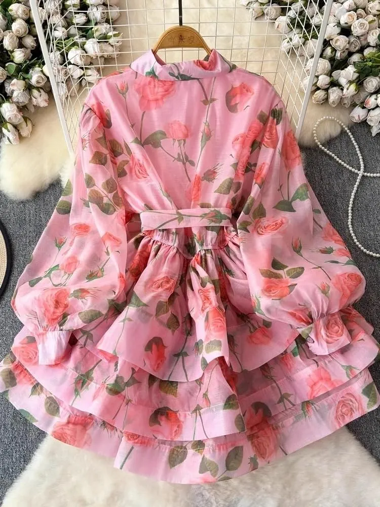 Flower Ruffles Mini Dress Women Lantern Sleeve Floral Print Lace Up Belt Summer Dress