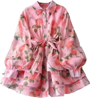 Flower Ruffles Mini Dress Women Lantern Sleeve Floral Print Lace Up Belt Summer Dress
