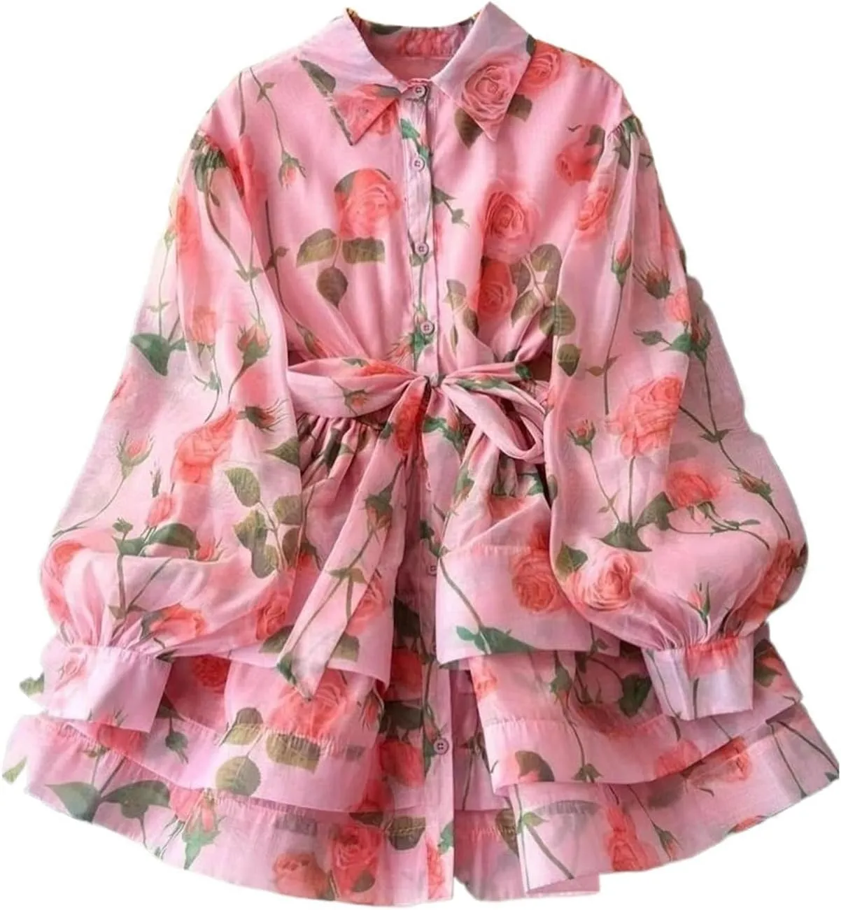 Flower Ruffles Mini Dress Women Lantern Sleeve Floral Print Lace Up Belt Summer Dress