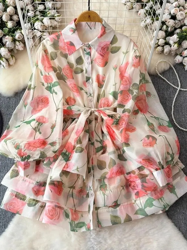 Flower Ruffles Mini Dress Women Lantern Sleeve Floral Print Lace Up Belt Summer Dress