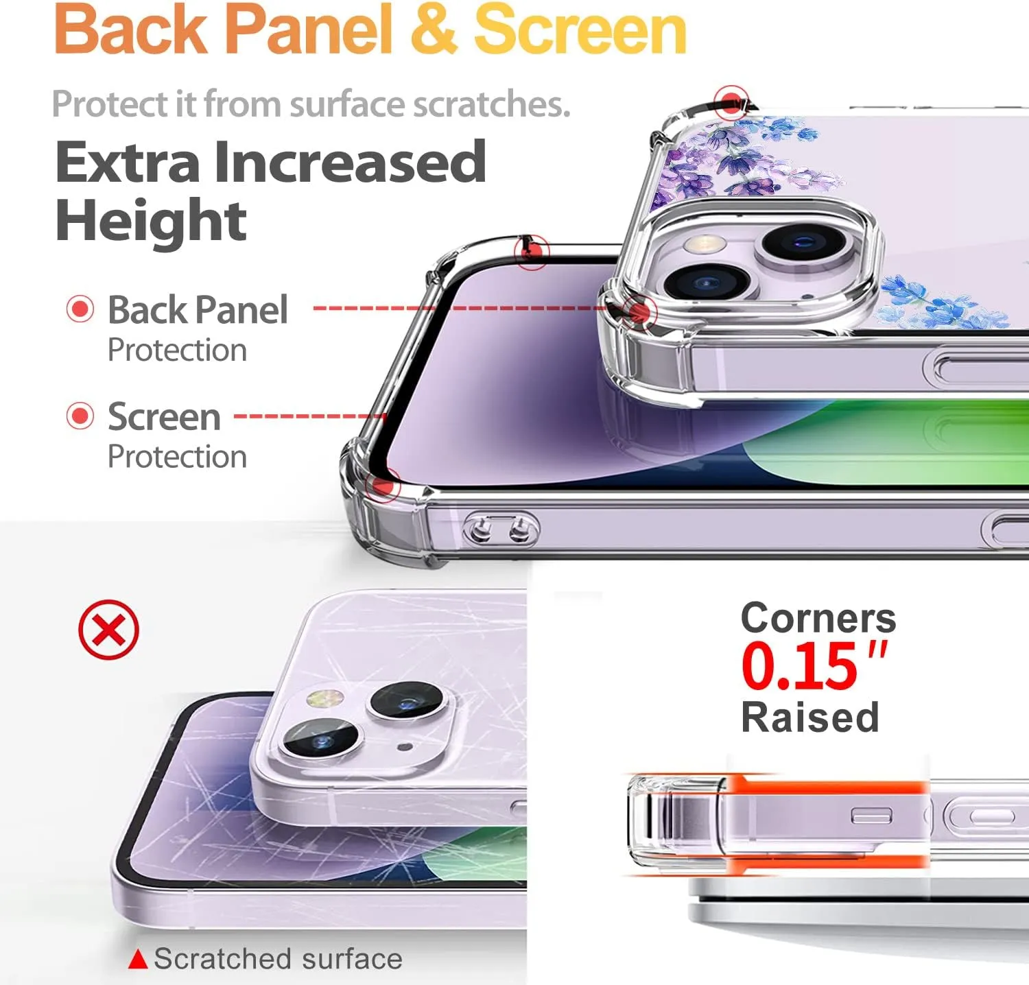 for iPhone 14 Case,[3 in 1] with Screen Protector & Camera Lens Protector, Flower Pattern Design,Clear Soft Shockproof Slim Floral Phone Cover for Women Girls 2022 6.1"(Lavender/Purple)