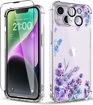 for iPhone 14 Case,[3 in 1] with Screen Protector & Camera Lens Protector, Flower Pattern Design,Clear Soft Shockproof Slim Floral Phone Cover for Women Girls 2022 6.1"(Lavender/Purple)