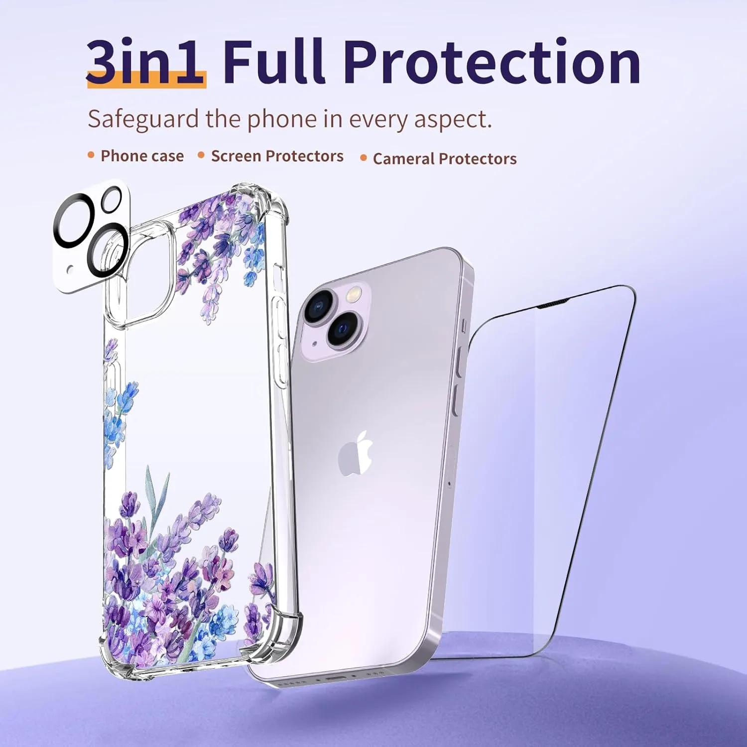 for iPhone 14 Case,[3 in 1] with Screen Protector & Camera Lens Protector, Flower Pattern Design,Clear Soft Shockproof Slim Floral Phone Cover for Women Girls 2022 6.1"(Lavender/Purple)