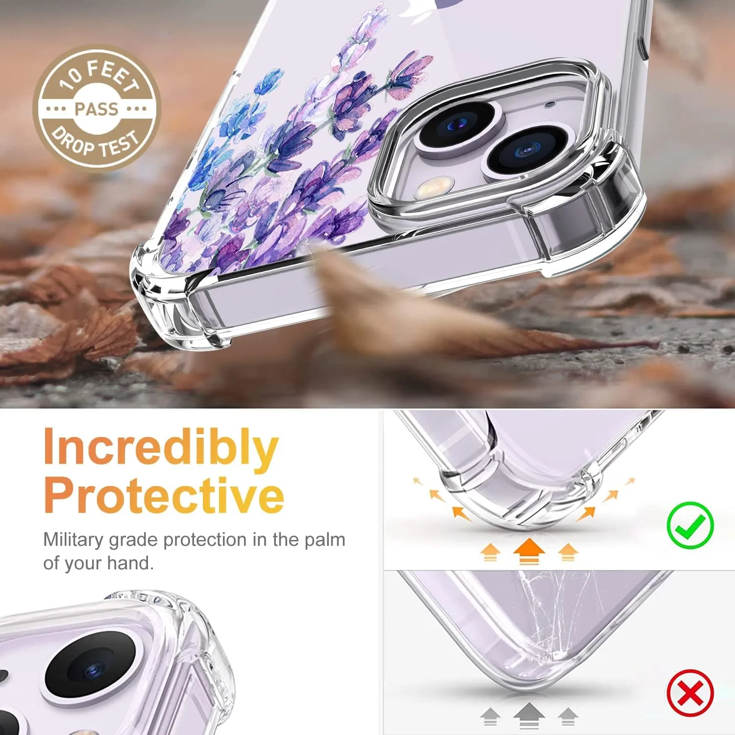 for iPhone 14 Case,[3 in 1] with Screen Protector & Camera Lens Protector, Flower Pattern Design,Clear Soft Shockproof Slim Floral Phone Cover for Women Girls 2022 6.1"(Lavender/Purple)