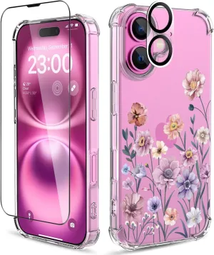 for iPhone 16 Case,[3 in 1] with Screen Protector & Camera Lens Protector, Flower Pattern Design,Clear Soft Shockproof Slim Floral Phone Cover for Women Girls 2024 6.1" (Floratopia/Colorful)