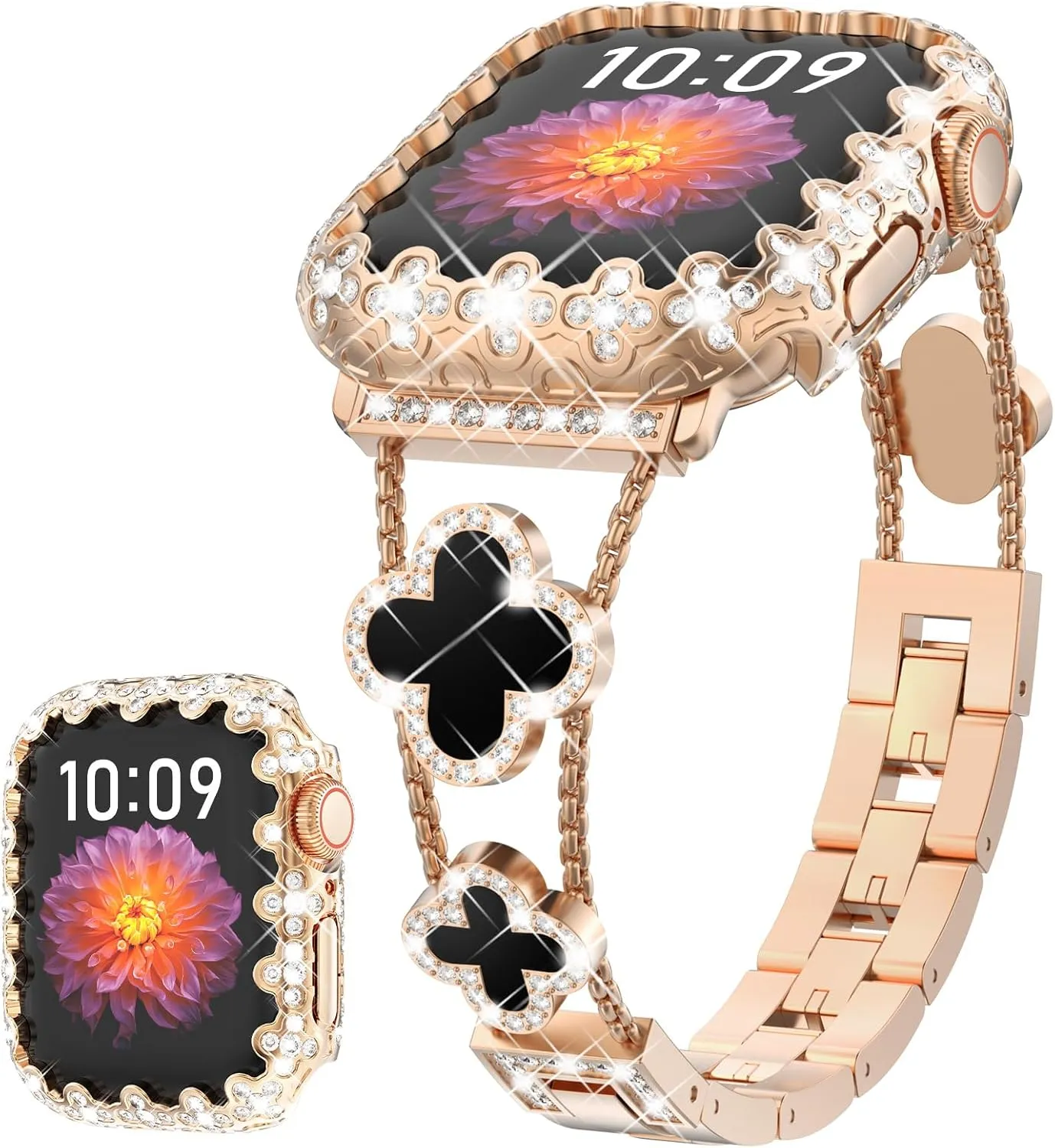 FULLIFE Compatible with Gold Apple Watch Bands 45mm for Women, Four-Leaf Clover Jewelry Diamond Rhinestone Metal Wristband Strap with Bling PC Case for iWatch Series 9 8 7, Rosegold/Black