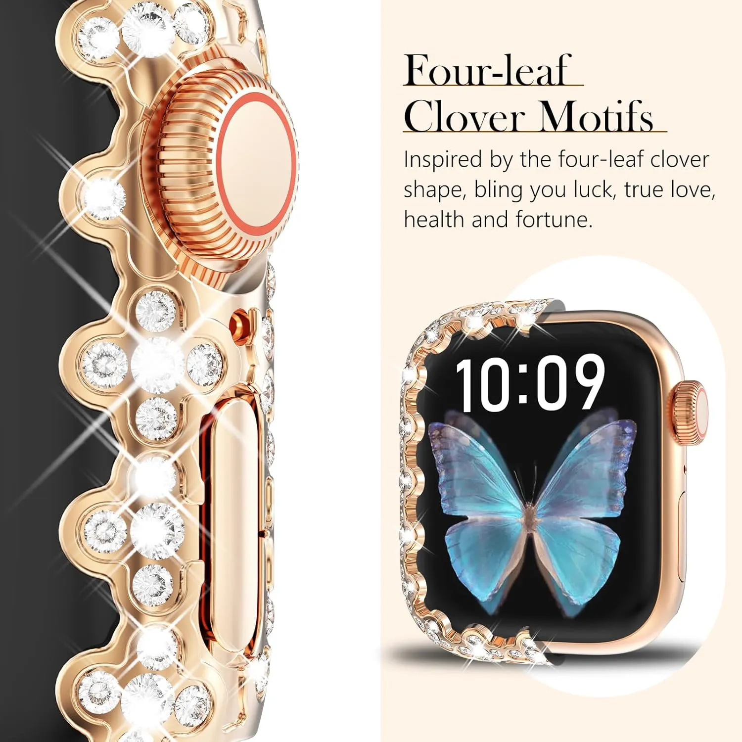 FULLIFE Compatible with Gold Apple Watch Bands 45mm for Women, Four-Leaf Clover Jewelry Diamond Rhinestone Metal Wristband Strap with Bling PC Case for iWatch Series 9 8 7, Rosegold/Black