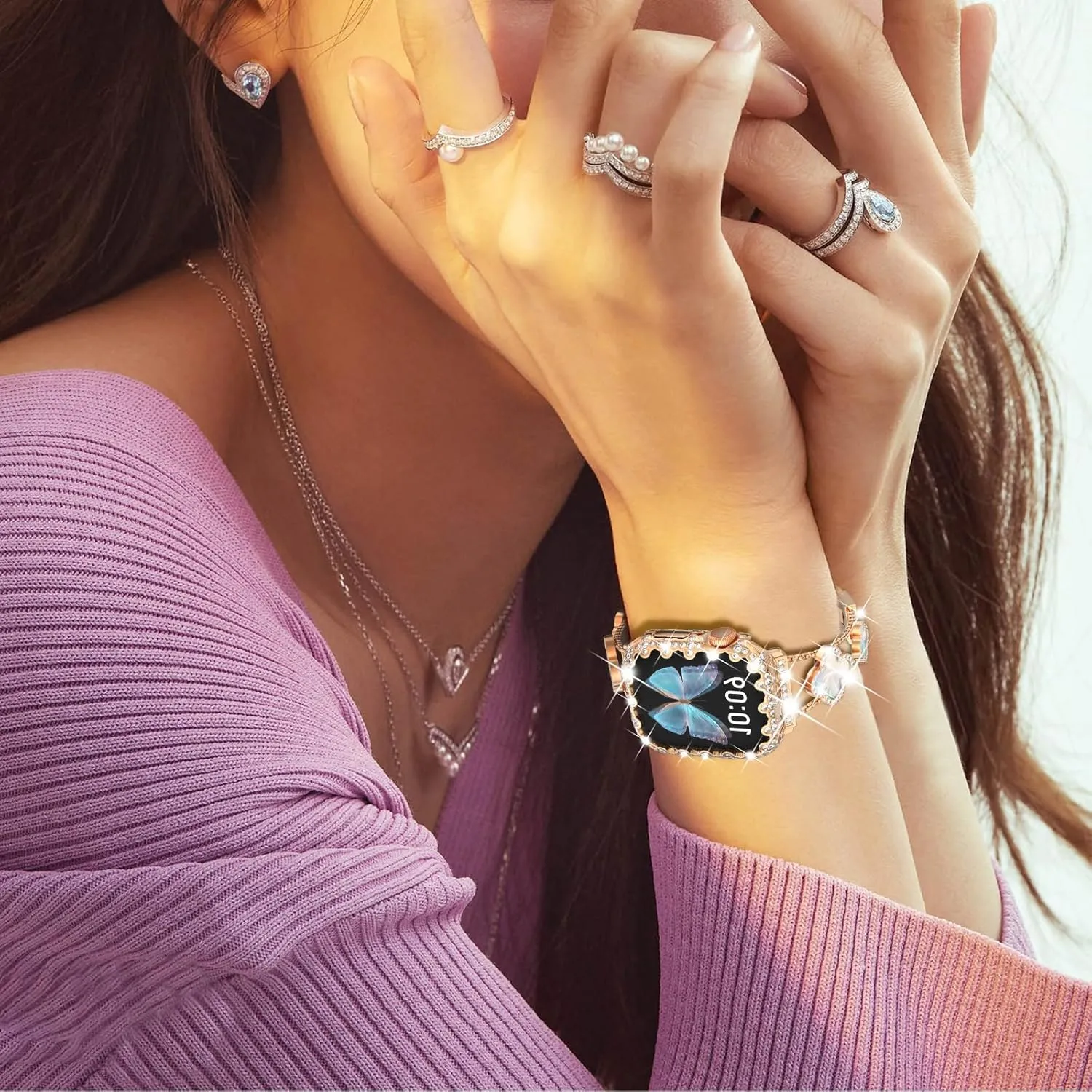 FULLIFE Compatible with Gold Apple Watch Bands 45mm for Women, Four-Leaf Clover Jewelry Diamond Rhinestone Metal Wristband Strap with Bling PC Case for iWatch Series 9 8 7, Rosegold/Black