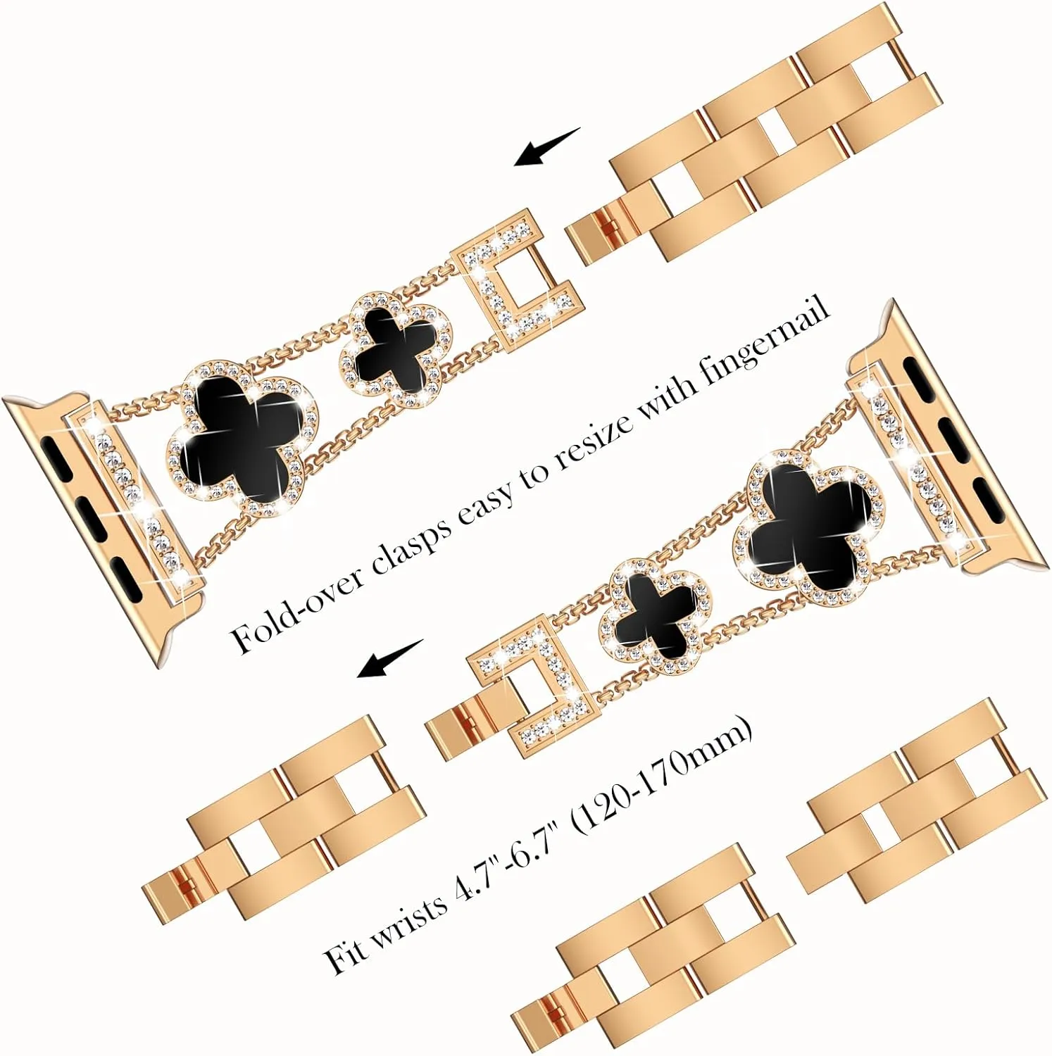 FULLIFE Compatible with Gold Apple Watch Bands 45mm for Women, Four-Leaf Clover Jewelry Diamond Rhinestone Metal Wristband Strap with Bling PC Case for iWatch Series 9 8 7, Rosegold/Black