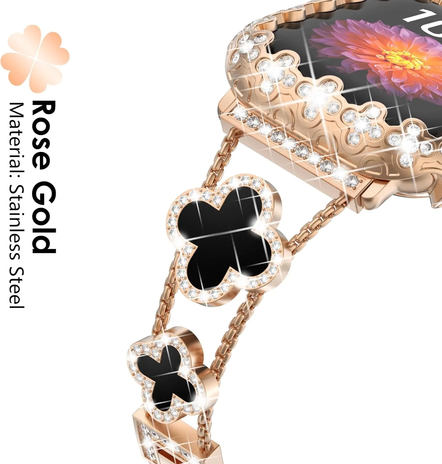 FULLIFE Compatible with Gold Apple Watch Bands 45mm for Women, Four-Leaf Clover Jewelry Diamond Rhinestone Metal Wristband Strap with Bling PC Case for iWatch Series 9 8 7, Rosegold/Black