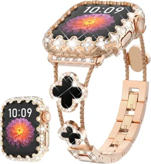 FULLIFE Compatible with Gold Apple Watch Bands 45mm for Women, Four-Leaf Clover Jewelry Diamond Rhinestone Metal Wristband Strap with Bling PC Case for iWatch Series 9 8 7, Rosegold/Black