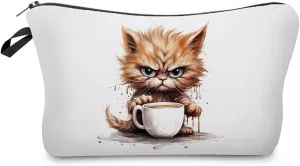 Funny Cup Cat Makeup Bag Cute Small Organizer Zipper Pouch Funny Cup Kitten Cosmetic Bag Birthday Present for Cat Lovers Women Friends