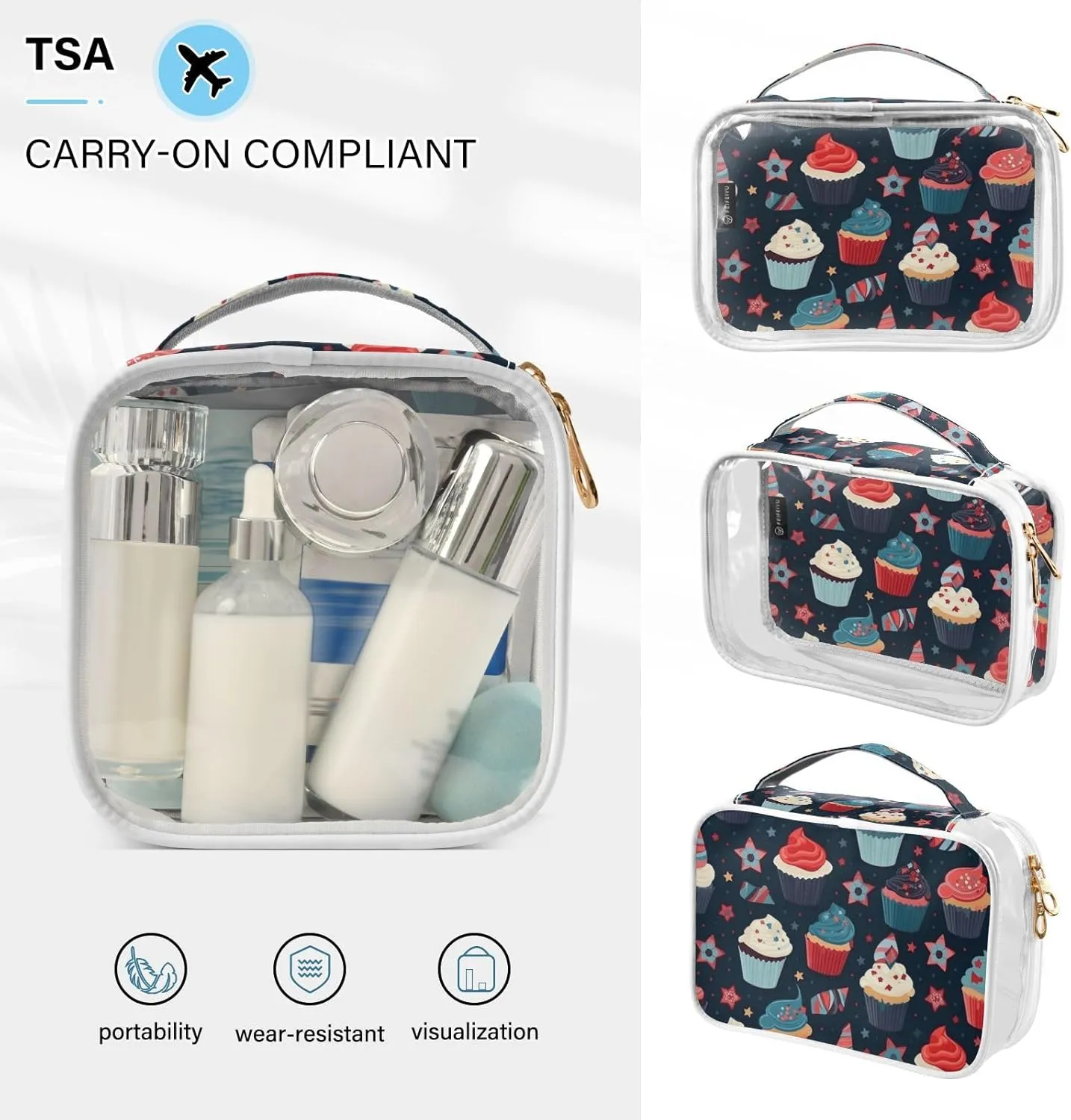 GAIGEO Independence Day Theme 2 Pack Travel Transparent Bag, Clear Plastic Makeup Bag Travel, Clear Make up Bags for Traveling