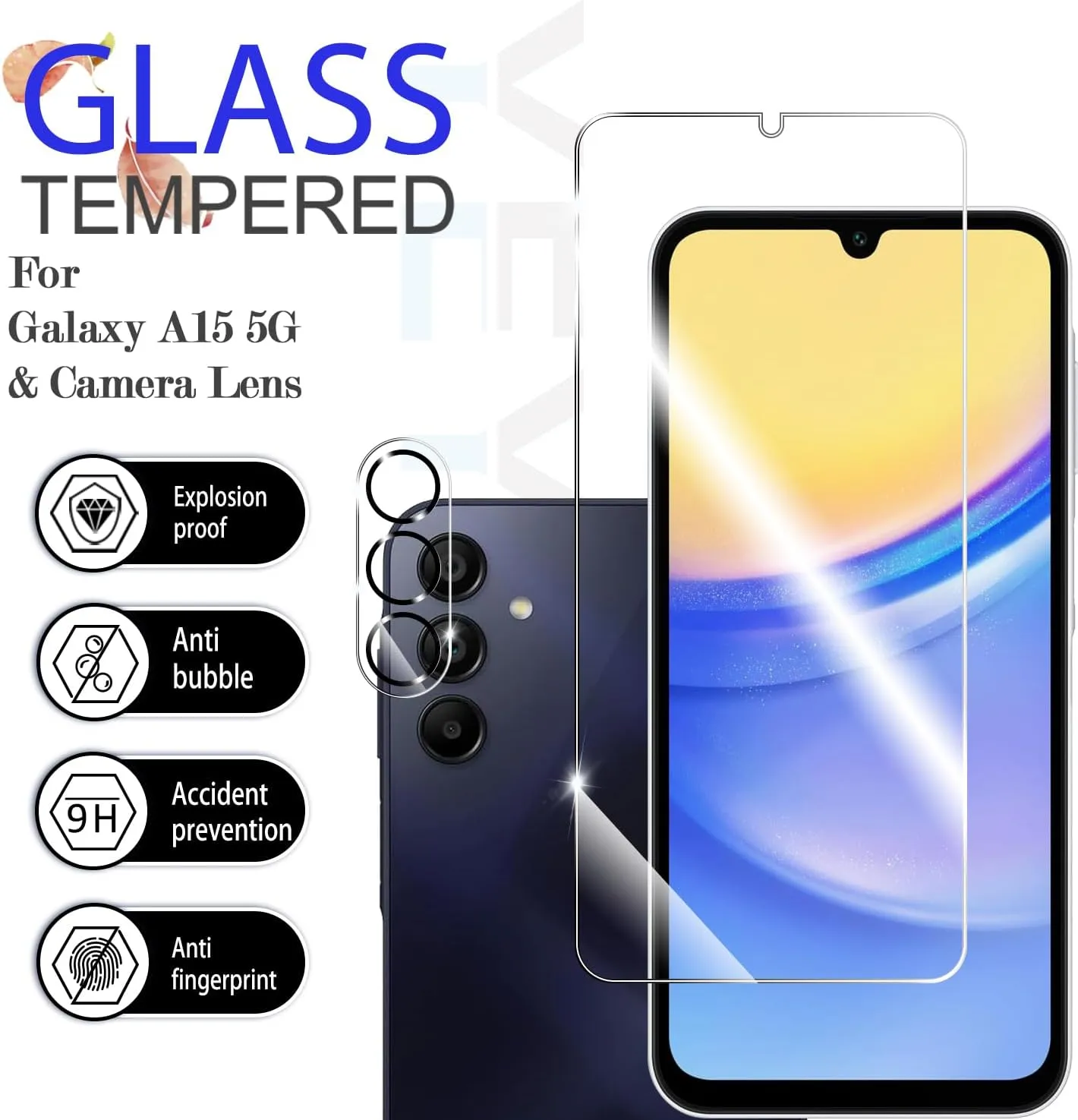 Galaxy A15 HD Clear Tempered Glass Screen Protector   Camera Lens Protectors, [2 2 Pack] [3D Glass] [Anti-Glare] [Bubble-Free] Screen Protector Glass For Samsung Galaxy A15 5G/4G