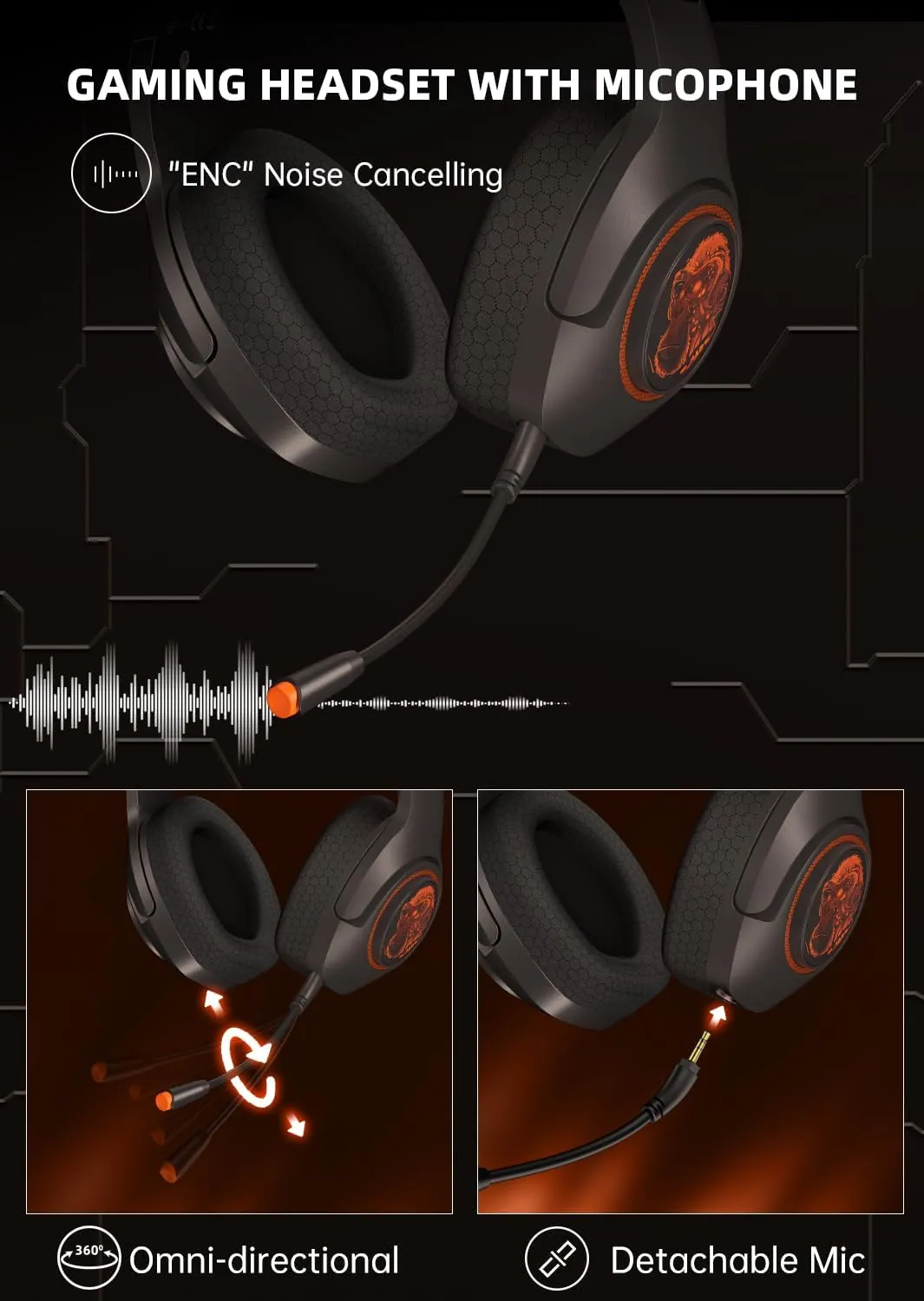 Gaming Headset Wireless, 2.4GHz Gaming Headphones Wireless with Noise Canceling Microphone for PS5, PS4, Fortnite & FPS Gamers, 40-Hr Battery Gamer Headphones for PC, Orange Chimpanzees