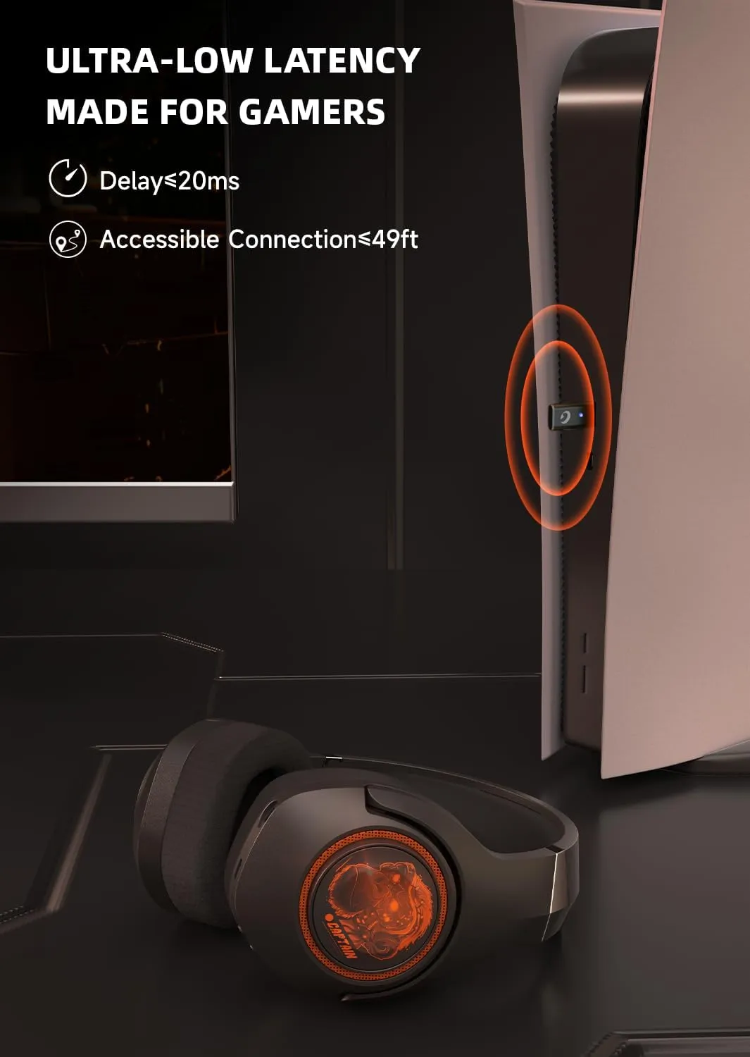 Gaming Headset Wireless, 2.4GHz Gaming Headphones Wireless with Noise Canceling Microphone for PS5, PS4, Fortnite & FPS Gamers, 40-Hr Battery Gamer Headphones for PC, Orange Chimpanzees