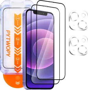 Glass Screen Protector for iPhone 12 6.1 inch[2 Pack][Easy Installation],with 2 Camera Lens Protectors,HD Clear Full Screen Tempered Glass,Case Friendly