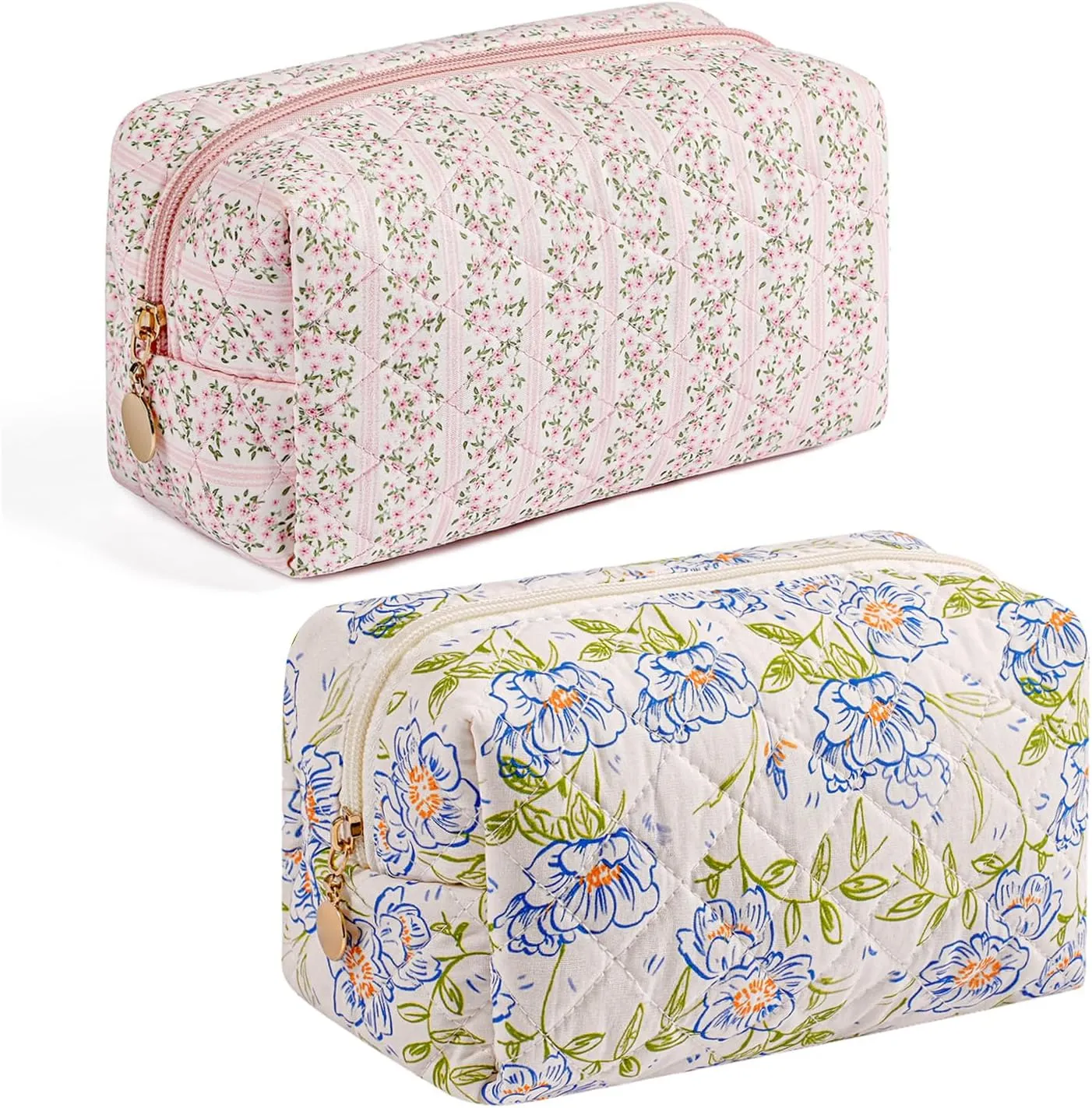 Gleyemor 2 Pieces Quilted Makeup Bag, Cute Floral Cosmetic Bag for Women, Cotton Make Up Bag Set, Flower Travel Toiletry Bag Organizer (Pink Floral  Green Flower)