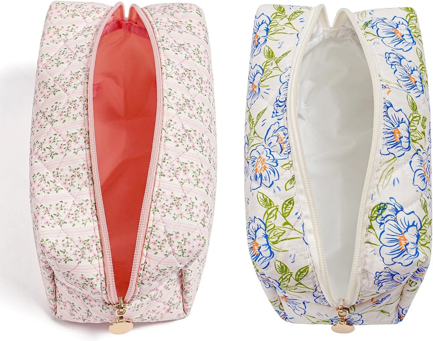 Gleyemor 2 Pieces Quilted Makeup Bag, Cute Floral Cosmetic Bag for Women, Cotton Make Up Bag Set, Flower Travel Toiletry Bag Organizer (Pink Floral  Green Flower)