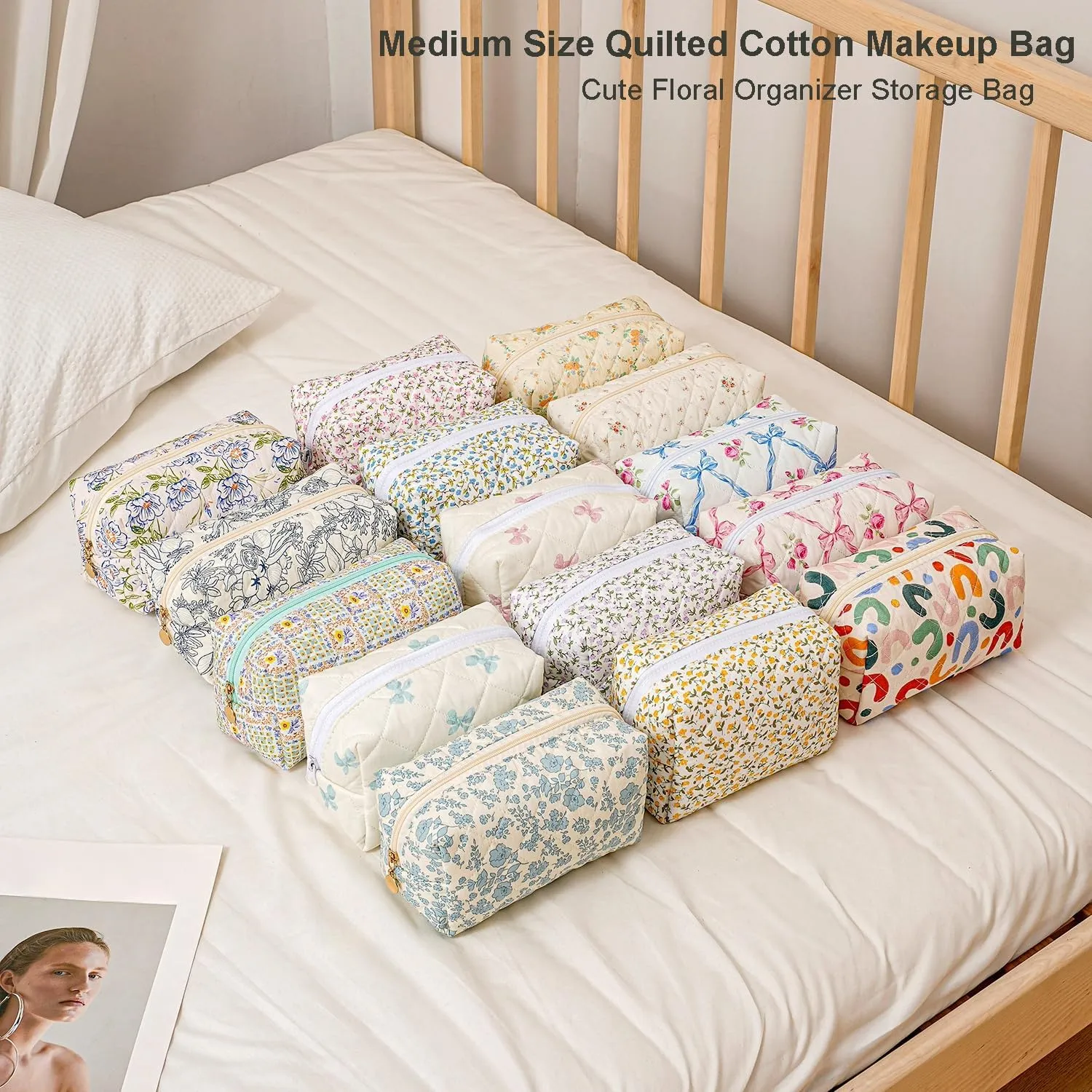 Gleyemor 2 Pieces Quilted Makeup Bag, Cute Floral Cosmetic Bag for Women, Cotton Make Up Bag Set, Flower Travel Toiletry Bag Organizer (Pink Floral  Green Flower)