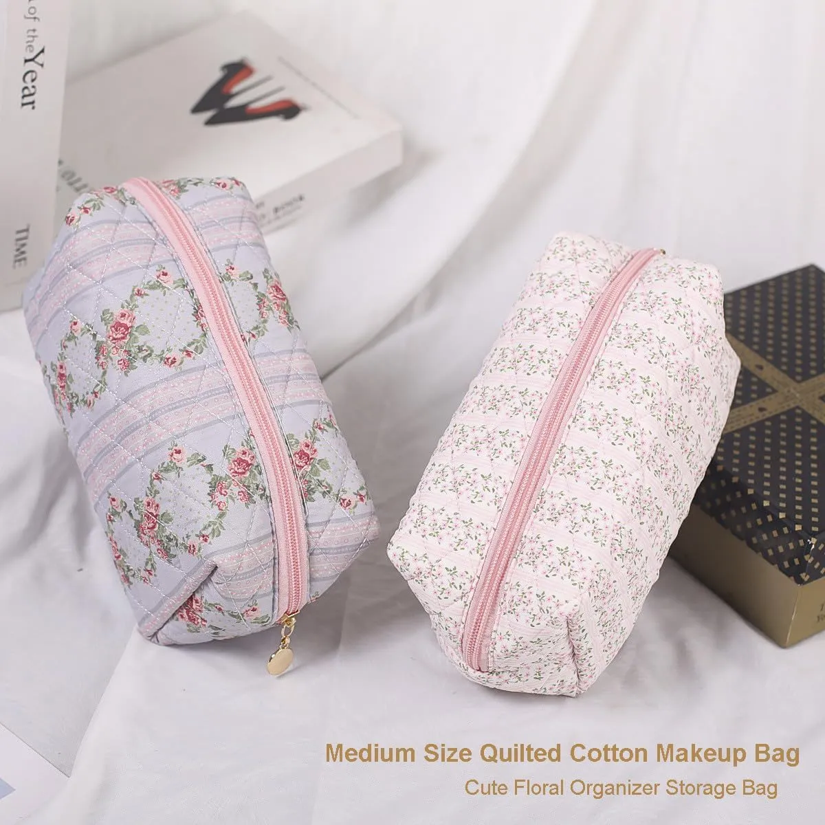 Gleyemor 2 Pieces Quilted Makeup Bag, Cute Floral Cosmetic Bag for Women, Cotton Make Up Bag Set, Flower Travel Toiletry Bag Organizer (Pink Floral  Green Flower)