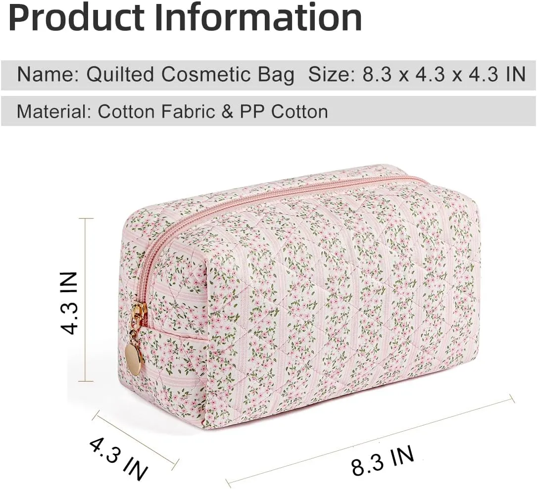 Gleyemor 2 Pieces Quilted Makeup Bag, Cute Floral Cosmetic Bag for Women, Cotton Make Up Bag Set, Flower Travel Toiletry Bag Organizer (Pink Floral  Green Flower)