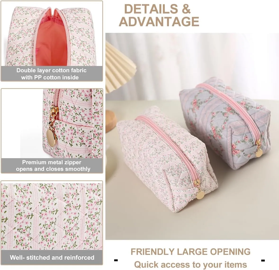 Gleyemor 2 Pieces Quilted Makeup Bag, Cute Floral Cosmetic Bag for Women, Cotton Make Up Bag Set, Flower Travel Toiletry Bag Organizer (Pink Floral  Green Flower)