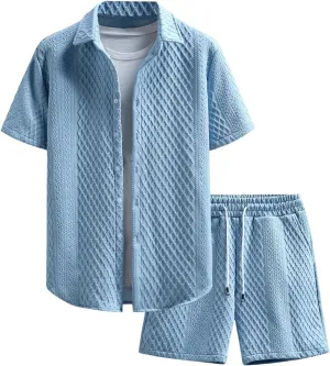 GORGLITTER Men's 2 Piece Outfits Waffle Knit Button Down Shirt Top and Shorts Set