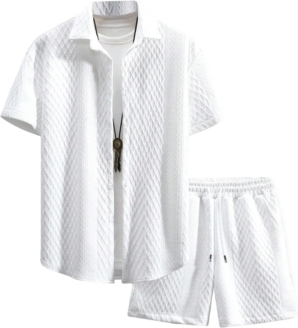 GORGLITTER Men's 2 Piece Outfits Waffle Knit Button Down Shirt Top and Shorts Set
